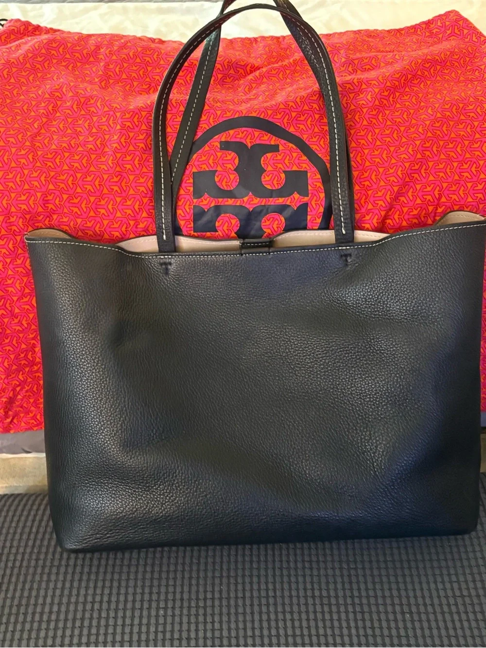 Tory Burch Black Perforated Logo Pebbled Leather Tote